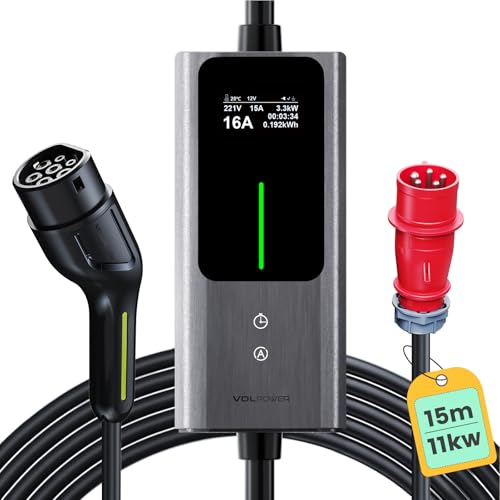 Cargador Coche electrico 11kW | 6-16A | 15m, Trifásico Tipo 2 CEE Cargador Wallbox EV, Cable de Carga Compatible con EV PHEV, Impermeable IP65, IEC 62196-2