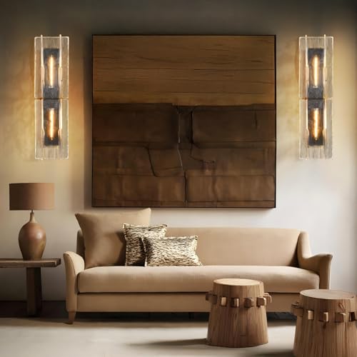Modern Black Wall Sconce,30in Large Clear Glass Wall Sconces with Water Ripple Glass,Indoor Hardwired Wall Sconces for Large Spaces,for Living Room,Hallway,Stairway Sconces Wall Lighting,Included E26