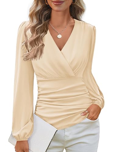 GRACE KARIN Long Sleeve Blouses for Women Dressy Casual, Wrap Tops Work Shirts, 2025 Fall Business Outfits Apricot XL