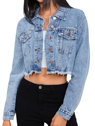 MakeMeChic Women's Crop Denim Jacket Casual Long Sleeve Ripped Frayed Hem Jean Jackets