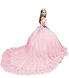 PFTFB Princess Sweet 15 16 Gowns for Women Off Shoulder Lace Quinceanera Dresses with Train Puffy Blush Pink Long Ball Gown Size 8