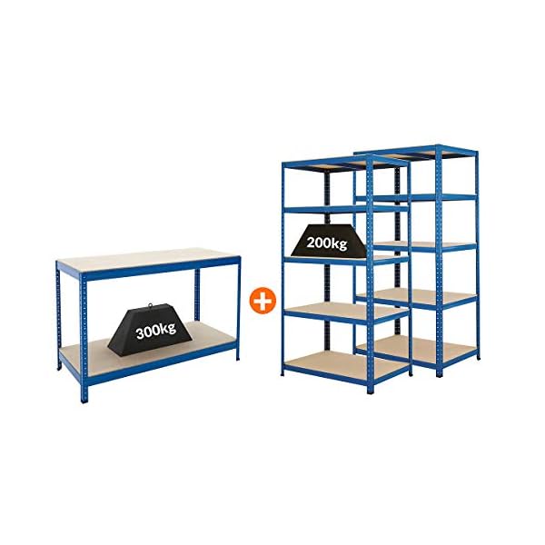Certeo Mega Deal | Set aus 1x Werkbank (Tiefe 60 cm) und 2X Schwerlastregal (Tiefe 60 cm) | Metallregal Kellerregal… – Bild 3