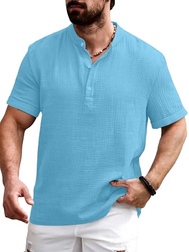 Image of Men Shirt | Black Textured Cotton Blend | Regular Fit Casual Shirt | Half Short Sleeve | Mandarin Chinese Collar | Button Down | Summer Office Wear | Stylish Shirt for Men