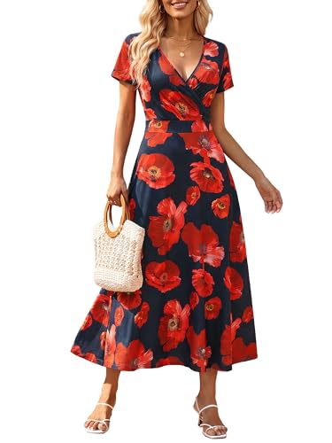 Image of HUHOT Women's Short Sleeve Wrap V Neck Dresses for Wedding Guest Summer Floral Maxi Sundresses with Pockets Boho Dress