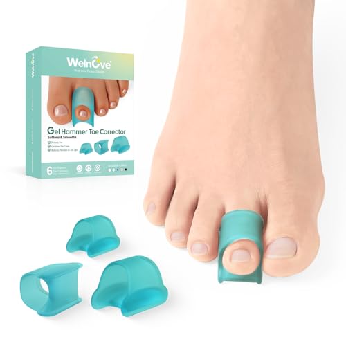 Image of Welnove Hammertoe Corrector - 6 Pack Toe Splints - Soft Gel Toe Straighteners - Realign Bent, Curled, Crooked, Claw, Hammer Toes - Toe Corrector for Men and Women, 3 Different Sizes (Blue)