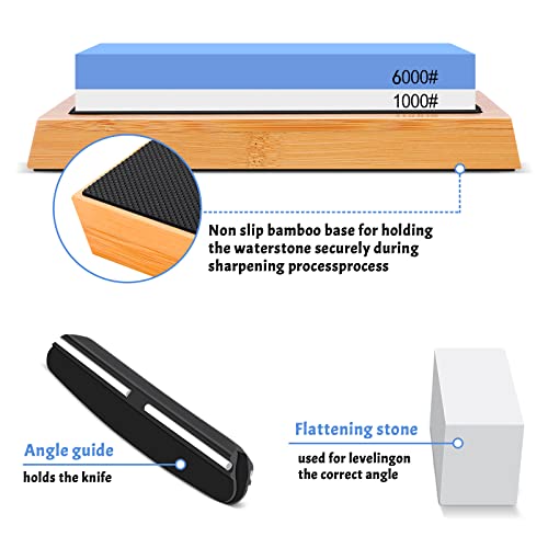 Sharpening Stone Whetstone Set 2 Side Grit 1000/6000, Professional Whetstone Knife Sharpener, Knife Sharpening Stone Kit With Bamboo Base, Flatting Stone, Angle Guide #TOP2