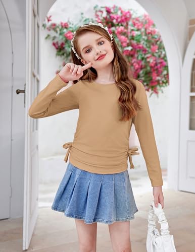 Image of Arshiner Girls Long Sleeve Shirts Ruched Knot Side Tunic Blouse Tee Tops