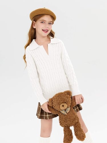 Image of Girls Sweaters Kids Fashion Cable Knit Collared V Neck Pullover Sweater Tops 5-14 Years White