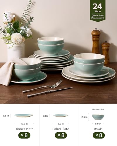 Image of Famiware Glacier Stoneware Dinnerware Sets, 24-Piece Plates and Bowls Set for 8, Reactive Glaze Dishes, Everyday & Formal Use, Dishwasher /Microwave Safe, Chip /Scratch Resistant, Two-Color Glazed, Aqua