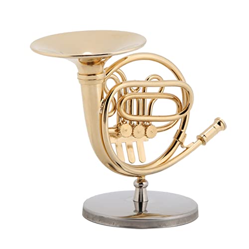 4in Miniature Golden French Horn Replica with Stand, Craftwork for Decoration and present, Amazing Details, Christmas and Birthday present, Instrument Model