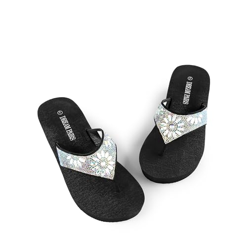 DREAM PAIRS DREAM PAIRS Women's Rhinestone Platform Wedge Flip Flops Summer Beach Comfortable Thong Sandals,Size 9,Multi Flower,SDFF2401W
