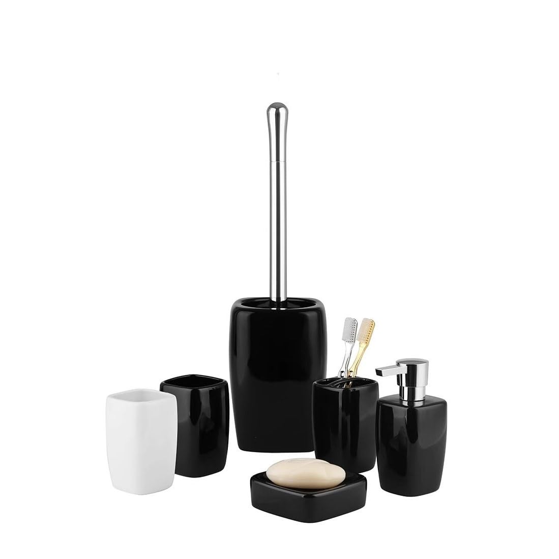 Cepillo para Inodoro Juego de portaescobilla de baño de cerámica Negra Brillante, Cabezal de Cepillo Redondo de pie for Suelo, Cepillo de baño con Mango Chapado de plástico Cepillo de baño