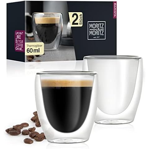 Moritz & Moritz Barista Torino 2 x 60 ml Double-Walled Espresso Cups - Glass Espresso Cups for hot and Cold Drinks - Dishwasher-Safe Cover