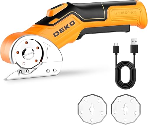 Cordless Electric Scissors Cardboard Cutter: DEKOPRO 4V 2000mAh Electric Box Cutter, Rechargeable Power Rotary Cutting Tool with Safety Lock, 389g Carpet Scissors with 2 Blade, Type-c(Yellow)