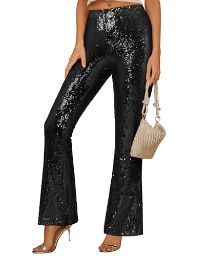 GRAPENT Sequin Pants for Women Stretch Pants for Women Country Festival Outfits Flare Sparkly Shiny Cocktail Evening Party Disco Bell Bottoms Black Size Small 4 to 6