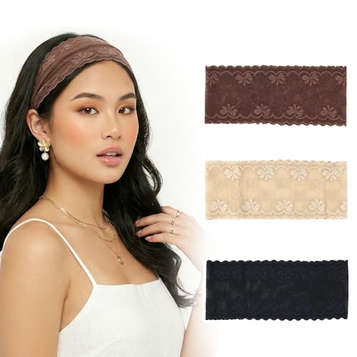 Aranya 3 Pack Vintage Lace Headbands for Women - Dark Coquette Bow Pattern Wide Hair Bands - Soft Beige Black Brown Hairwraps for Light Academia Daily Wear Makeup & Yoga