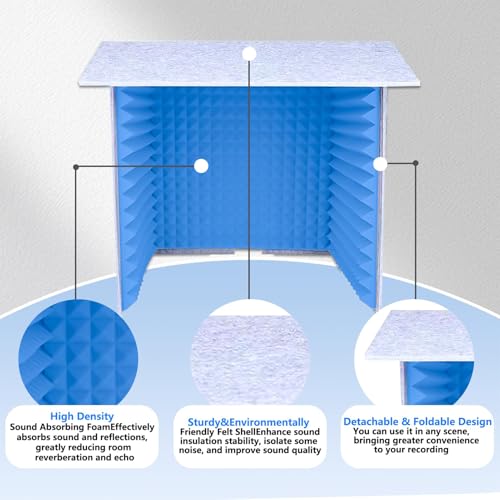 Cabina pequeña de música absorbente de sonido, estudio portátil de grabación de escritorio azul, caja acústica plegable ligera, escudo de privacidad insonorizado para grabación de voz, 31.4 pulgadas miniatura 3