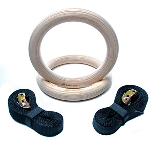 Rubberbanditz Wooden Gymnastic Rings w/ 16ft Adjustable Straps | 2 Non-Slip Training Gym Rings - Perfect for Dips, Pull Ups, Muscle Ups