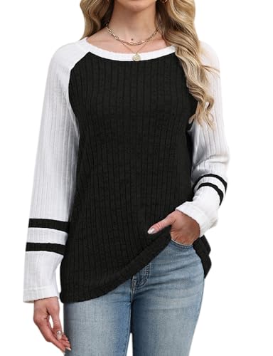Image of Flikity Jumpers for Women UK, Women's Crew Neck Sweaters Long Sleeve Top Ladies Lightweight Jumpers Size 8-10 Ribbed Knitwear Spring Autumn Winter Clothes Black S