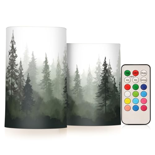 Image of Pine Trees Flameless Candles with Remote - Set of 2 Battery Operated Pillar Candles for Home Decoration, Christmas, Party