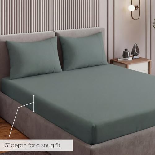 Image of Haus and Kinder Double Bedsheet, 300 TC 100% Organic Cotton Percale Weave, Fitted Bedsheet for Double Size Bed with 2 Pillow Covers - Marrow Stitch Detaling (Coastal Calm, 60 inchx78 inchx10 Size)
