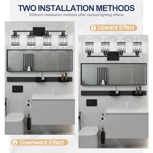 JZEKVN Crystal Modern Bathroom Light Fixtures, 4-Light Black Bathroom Vanity Wall Light, Vanity Lights for Mirror, Restroom, Bedroom (E26 Socket, Bulbs Not Included) by JZEKVN - Used condition - Image 6