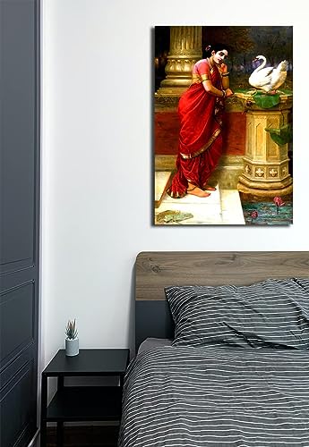 Image of Sikhash Raja Ravi Varma Canvas Painting - Classic Indian Art, Hamsa Damayanti, Academic & Famous Artist Wall Art for Living Room, Unframed Fabric (12x8 Inches, 30x20 cm) a32