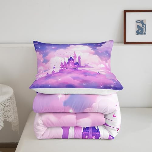 Juego de edredón de castillo matrimonial morado con 2 fundas de almohada 6