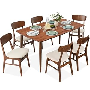 Best Choice Products 7-Piece Wooden Dining Room Table Set, Mid-Century Modern, Kitchen Table w/ 6 Chairs, Upholstered Cushions, Curved Backrests, Rounded Table Corners – Walnut/Cream