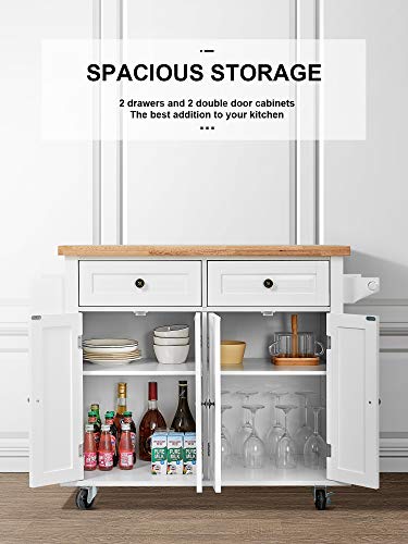 Kealive Kitchen Island on Wheels, Rolling Kitchen Island Cart with Cabinet and Lockable Castors, 2 Drawers and Spice Rack Towel Rack Rubber Wood Countertop, White, 35.5in x 17.8in x 32.3in