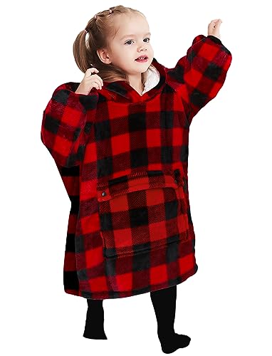 Image of KFUBUO Wearable Blanket Hoodie for Kids Toddlers Sherpa Blanket Sweatshirt With Pocket Cute Hoodies 2-6 Year Old Girl Boy Red Plaid