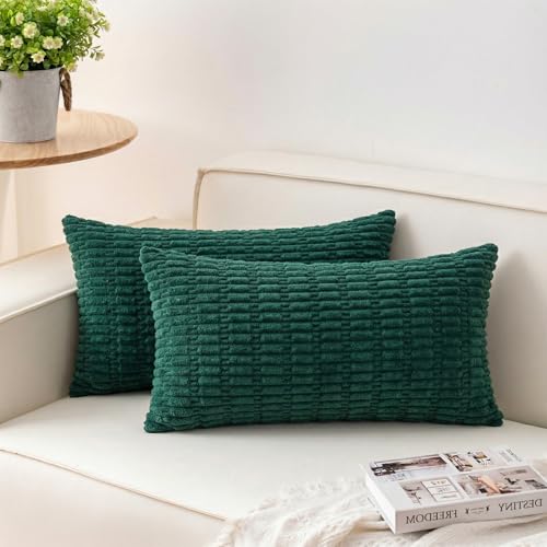 Image of Aegero Pack of 2 Corduroy Decorative Throw Pillow Covers 12x24 Inch Soft Striped Pillow Covers Modern Farmhouse Home Decor for Sofa Living Room Couch Bed(Blackish Green)