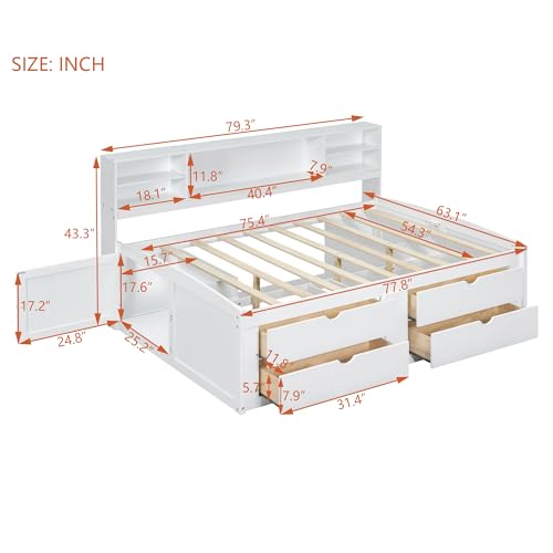 BOVZA-Full-Size-Wood-Captain-Bed-with-Storage-Drawers-and-Bookcase-Headboard-Wooden-Full-Daybed-Frame-with-2-Bedside-Cabinets-and-Upper-Shelves-for-Kids-Teens-Adults-White BOVZA Full Size Wood Captain Bed with Storage Drawers and Bookcase Headboard Wooden Full Daybed Frame with 2 Bedside Cabinets and Upper Shelves for Kids Teens Adults White