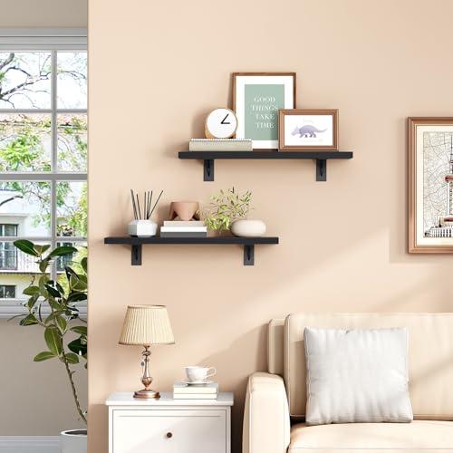 Image of HOOBRO Floating Shelves for Wall, 15.4 inch Wall Mounted Shelves Set of 2, Hanging Storage Shelf with Metal Brackets, Wooden Shelf for Living Room, Bedroom, Bathroom, Black BK42BJP201G1