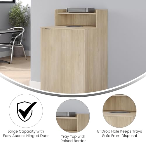 Image of Flash Furniture Dell Trash Can Enclosure with Tray Shelf and 8 inch Drop Hole, Commercial Grade Trash Receptacle for 32 Gallon Round Cans, Swing Door Access, Oak