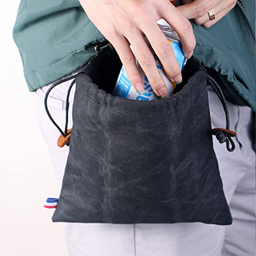 Canvas Feeding Bag for Hiking, Foldable Leather Belt Bag Waist Bag with Drawstring and Buckle, coffee - Image 5
