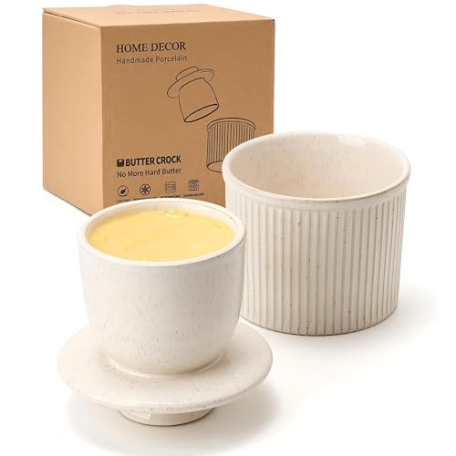 HOME DECOR Butterglocke 250gr Französische Butterdose Wassergekühlt Butterfass Streifen-Design Buttertopf für Frische und Streichfähige Butter - Große Gesprenkeltes Creme