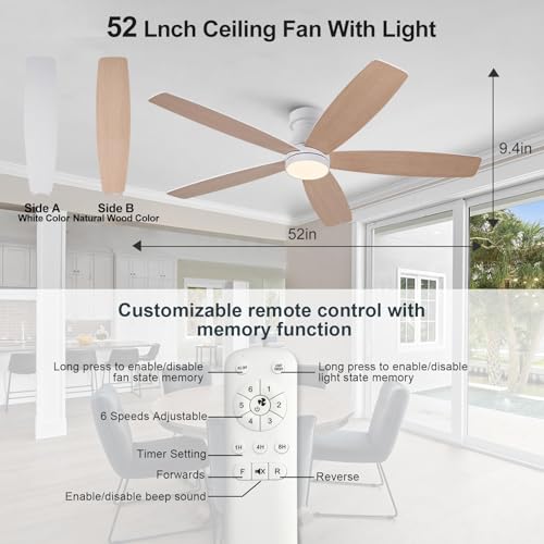 Image of 52 inch White Flush Mount Ceiling Fans with Lights and Remote,White Bedroom Ceiling Fan with Lights, Low Profile Ceiling Fan with Light For Bedroom Outdoor, Memory Fuction Quiet DC Motor