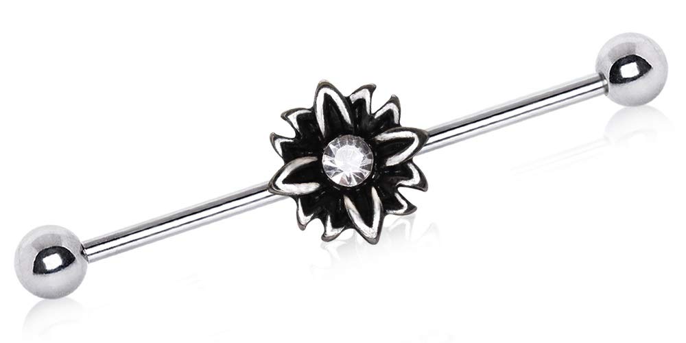 Crystal Center Daisy Flower Stainless Steel Industrial Barbell