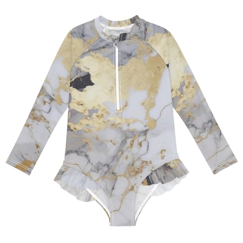 Girls One Piece Swimsuits Long Sleeve Swimsuit Zipper Bathing Suits Grey Marble Fluid Gold Marble Black