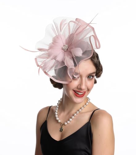 SAFERIN Fascinator Hat Feather Mesh Net Veil Party Hat Flower Derby Hat with Clip and Hairband for Women (TA1-Pink Feather2)