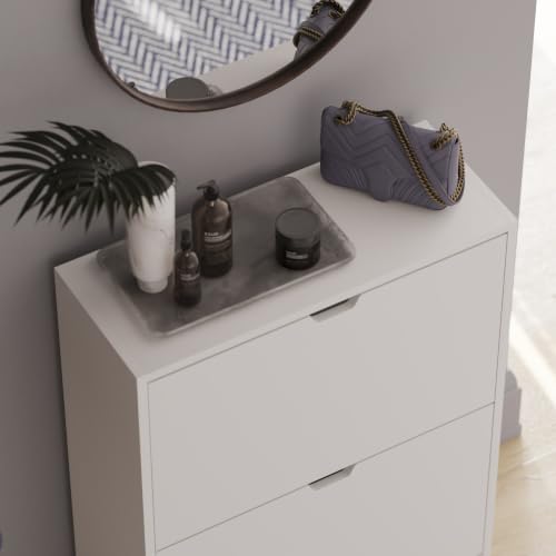 Vida Designs Szafka na buty z 2 szufladami, oszczędność miejsca, szafka do przechowywania butów z 2 szufladami z klapką, meble do przedpokoju i salonu, 100% certyfikat FSC, biała