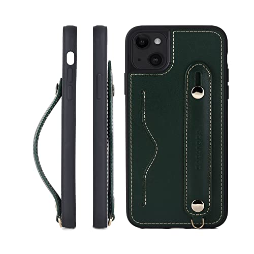 iPhone 14 Plus ケース 本革 グリップケース レザー ストラップ付属 イタリア製牛革 ヌメ革 片手操作 カード収納 スタンド機能 メンズ レディース グリーン CGH-14Plus-Green