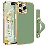 GUAGUA for iPhone 14 Pro Case with Wrist Strap Holder, Slim Soft Electroplated TPU Shockproof Protective Adjustable Wristband Kickstand Case for iPhone 14 Pro 6.1’’, Matcha Green