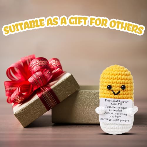 Image of Positive Crochet Pill Yellow Capsule Knitted with Inspirational Card,CNA Week Nurse Appreciation Keepsake for Women Pharmacist Doctor RN LPN Office Decor Party Favor