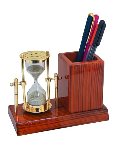 Image of Pen Holder | 2 Minute Brass Sand Timer | Natural Sand Color | Smiley Design | Hourglass with Pen Holder | Wooden Base | 11x8x15cm | Pen Stand Hourglass for Gifts (Pack of 1).