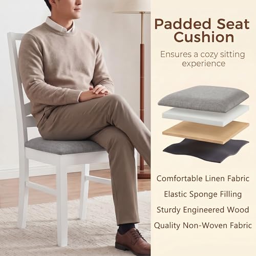 Image of COSTWAY Wooden Dining Chairs Set of 2, Farmhouse Kitchen Side Chair with High Back, Fabric Padded Seat, Armless Chairs for Dining Room, Living Room, Home Kitchen, Restaurant (White & Grey)