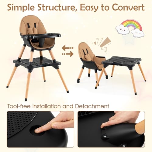 Image of GLACER High Chair, 6-in-1 Convertible Wooden High Chairs for Babies and Toddlers w /Building Block Table, 5-Point Safety Harness, Removable Tray, PU Cushioned Baby High Chair for 6-36 Months (Coffee)