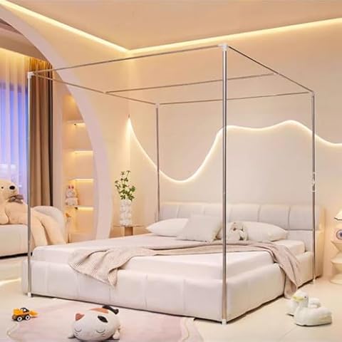 Mengersi Canopy Bed Frame Post Queen Size,Stainless Steel Canopy Frame Poles Four Corner Bed Bracket Fit for Metal/Wood Bed Bedroom Decor Cover