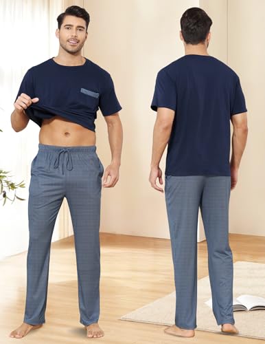 Mens Pajamas Set Soft Pjs for Men Cotton Short Sleeve Top and Long Pants Sleepwear 2 Pieces Loungewea Sets2